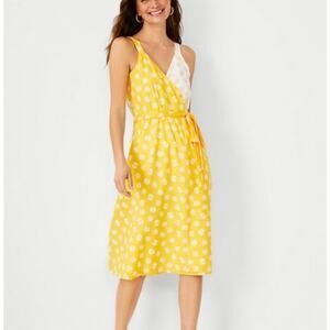 Ann Taylor Womens Wrap Dress Small Yellow White Novelty Shell Print Coastal